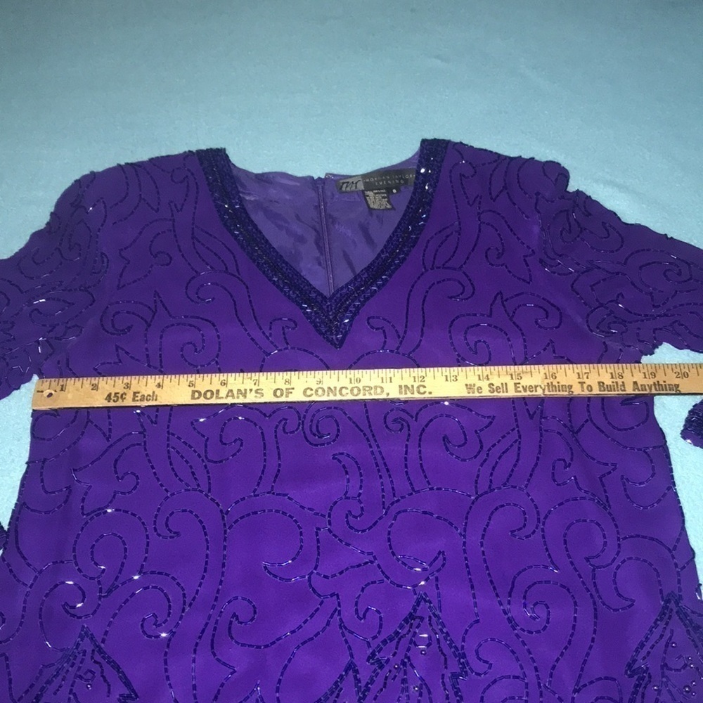 MORGAN TAYLOR Evening dress silk beaded long sleeve V-neck vintage size 8 - Picture 9 of 12